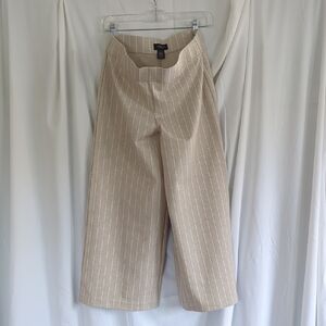 High-Rise Beige Pinstripe Wide-Leg Trousers
